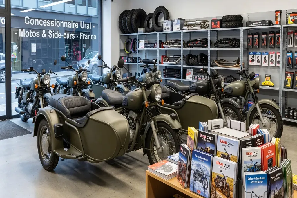 Showroom d'un concessionnaire Ural agréé en France, plusieurs modèles exposés
