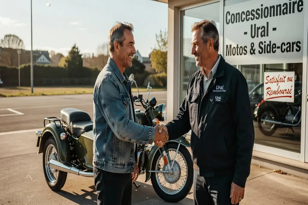 Remise des clés d'une Ural neuve, handshake entre client et concessionnaire