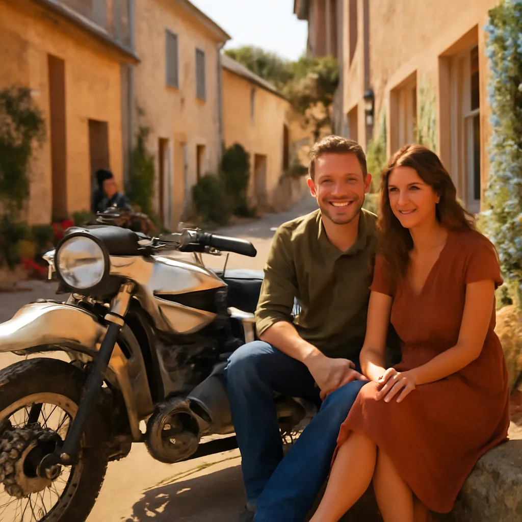 Sidecar Ural garé devant un paysage de campagne française, avec documents administratifs visibles