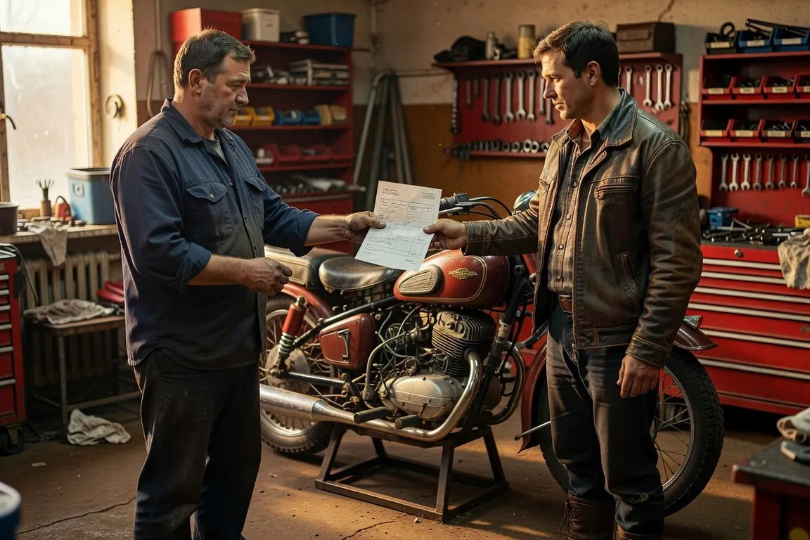 Ural Gear Up garée devant un atelier, casque et documents d'entretien posés sur le réservoir