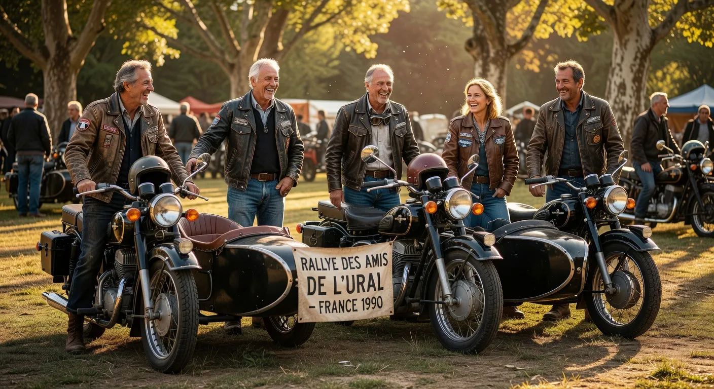 Rassemblement de sidecaristes Ural en plein air : ambiance conviviale et machines alignées