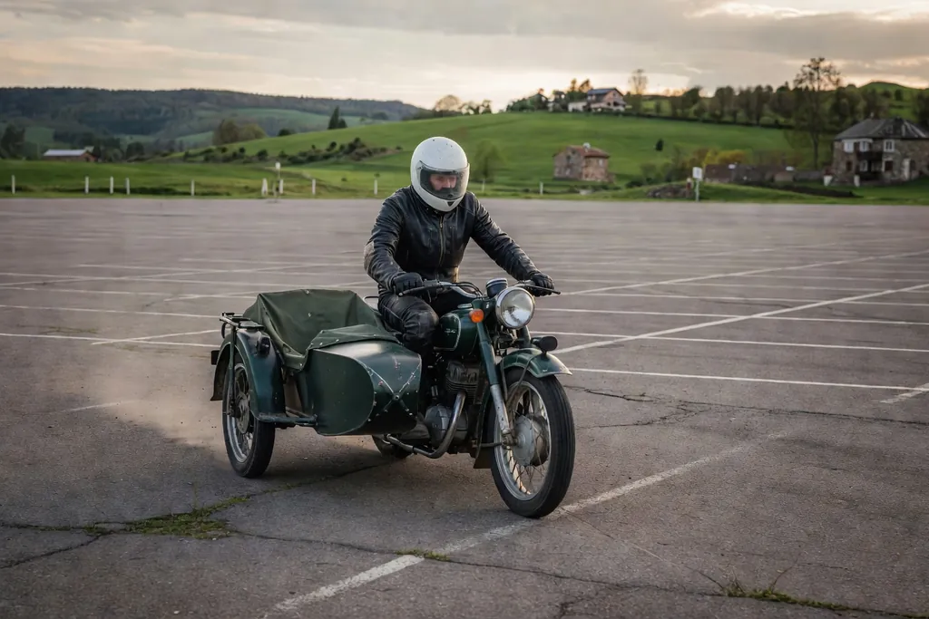 Exercice de maniement sidecar Ural sur parking avant première route