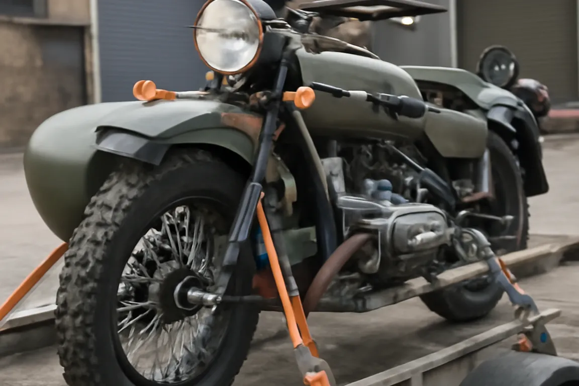 Ural sidecar sanglée sur une remorque plateau, trois points d'ancrage visibles