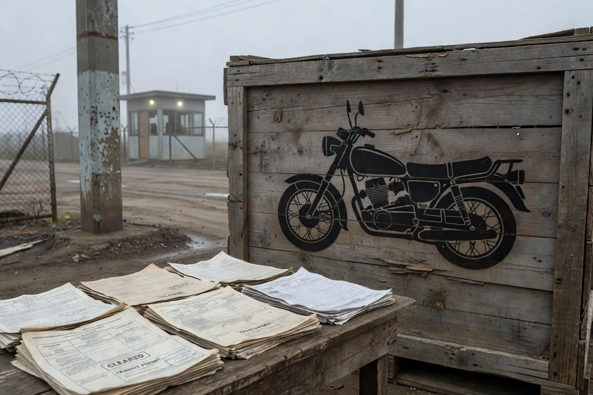 Documents douaniers et caisse d'expédition avec silhouette d'une moto, poste frontière