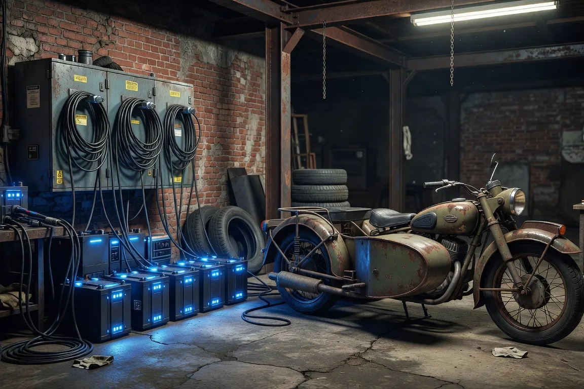Battery charging station next to a parked Ural sidecar in an industrial garage