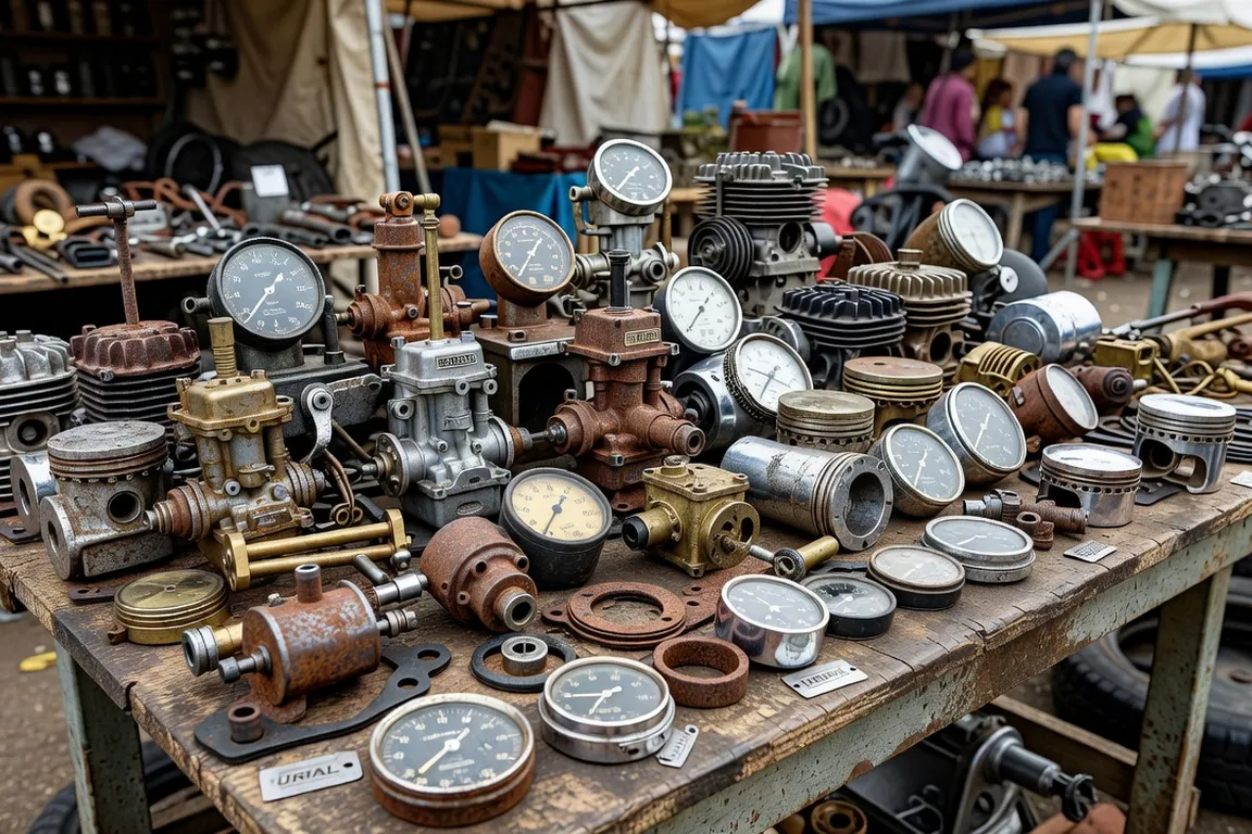 Table de brocante avec pièces détachées de motos soviétiques Ural et Dnepr — carburateurs, phares, compteurs cyrilliques