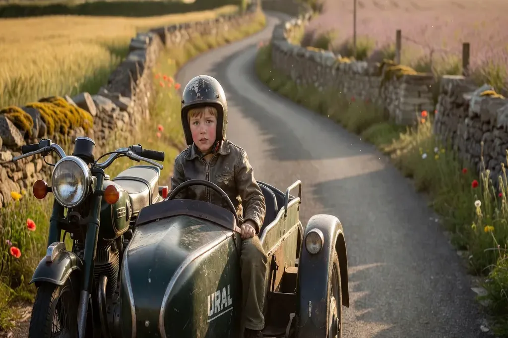 Enfant dans le sidecar Ural, road trip européen en famille, casque vintage et route de campagne