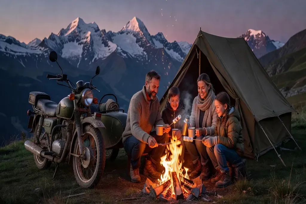 Camping en famille à côté de la Ural Gear Up, montagne européenne, soirée au feu de camp