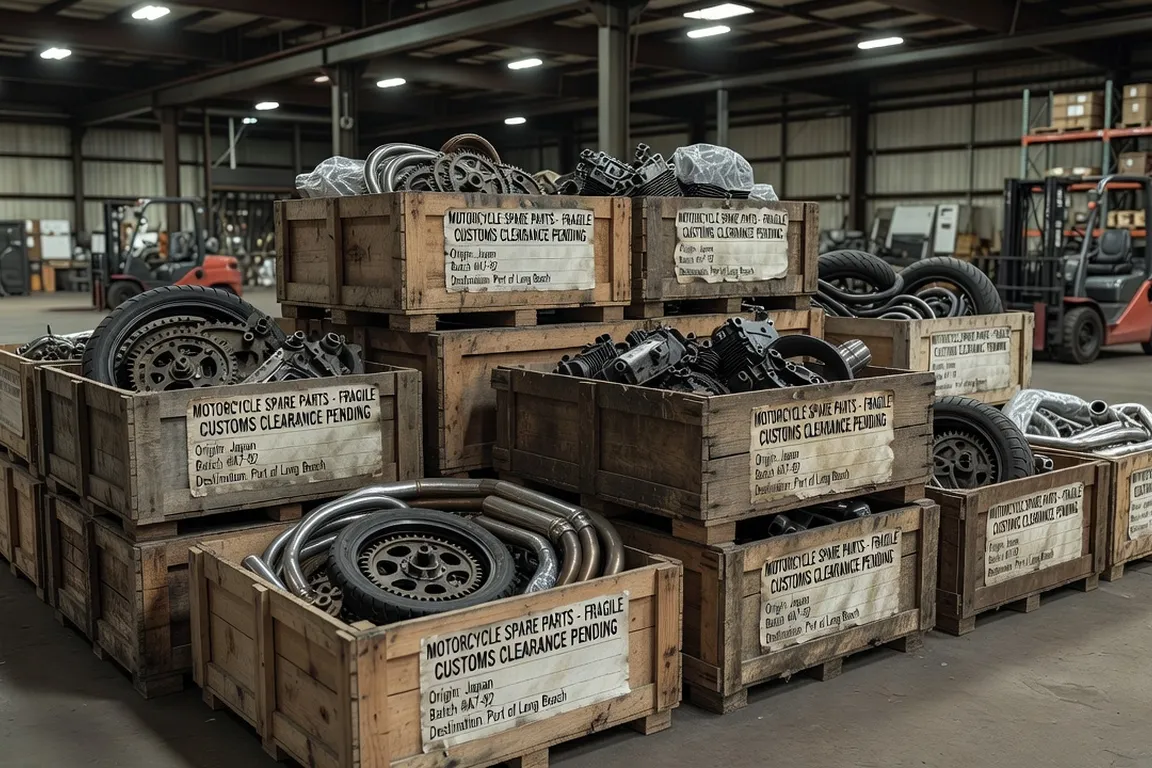 Entrepôt de pièces détachées motos russes à Strasbourg — cartons de stock et catalogue de commandes