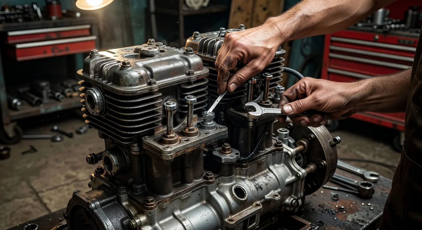 Détail du moteur Ural 750cc bicylindre à plat — réglage du jeu de soupapes en atelier