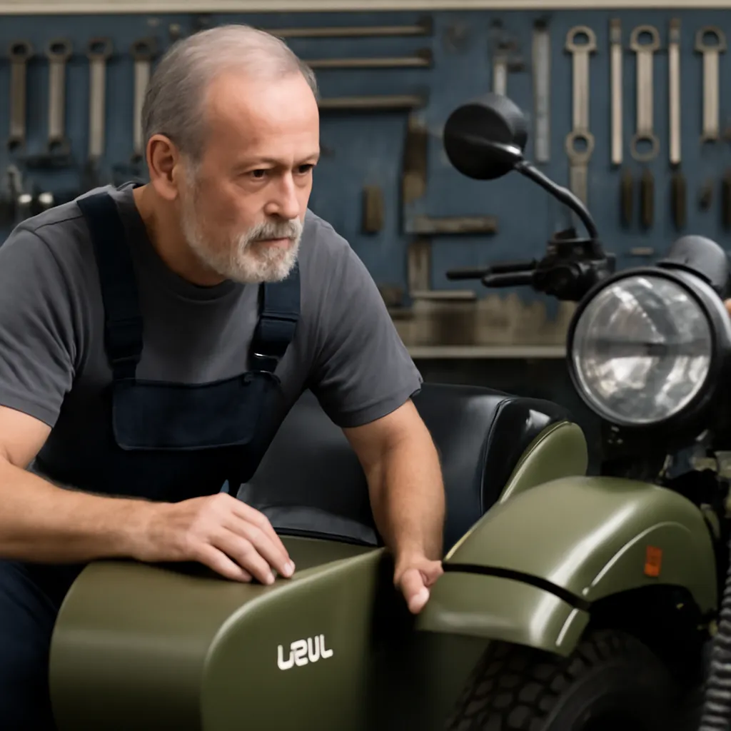 Mécanicien en train d'inspecter les soupapes d'une Ural 750cc dans l'atelier L'Ours Mécanique, Grenoble