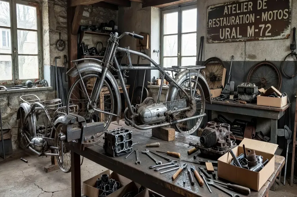 Ural M-72 en cours de restauration dans l'atelier du Bloc Moteur de l'Est, Limoges