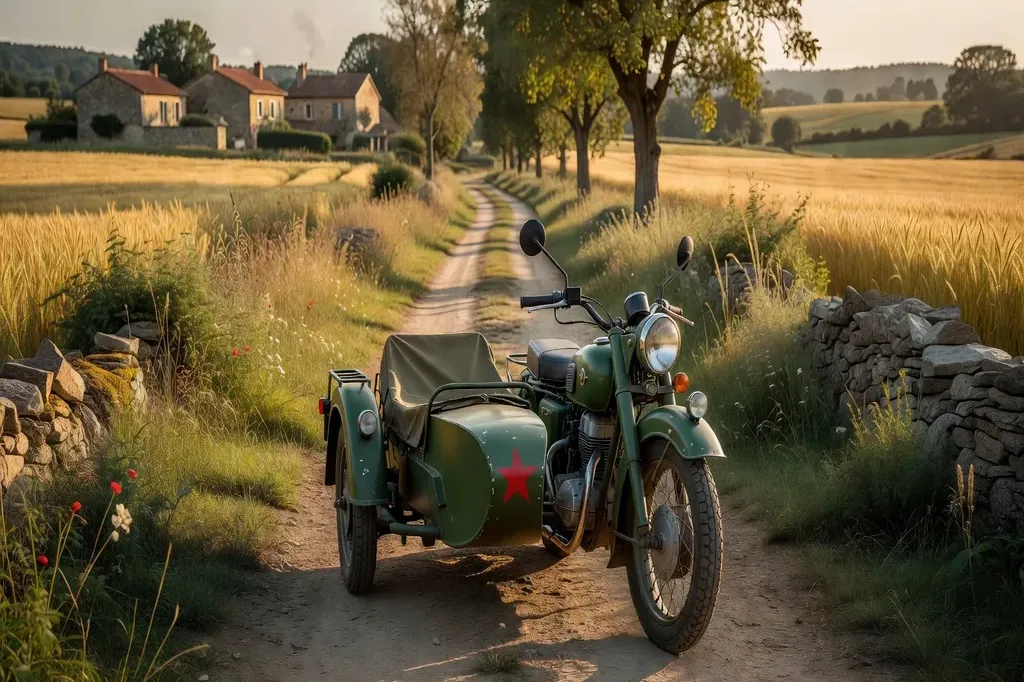 Ural K-750 de 1968 entièrement restaurée, peinture d'époque, dans la cour de l'atelier à Limoges