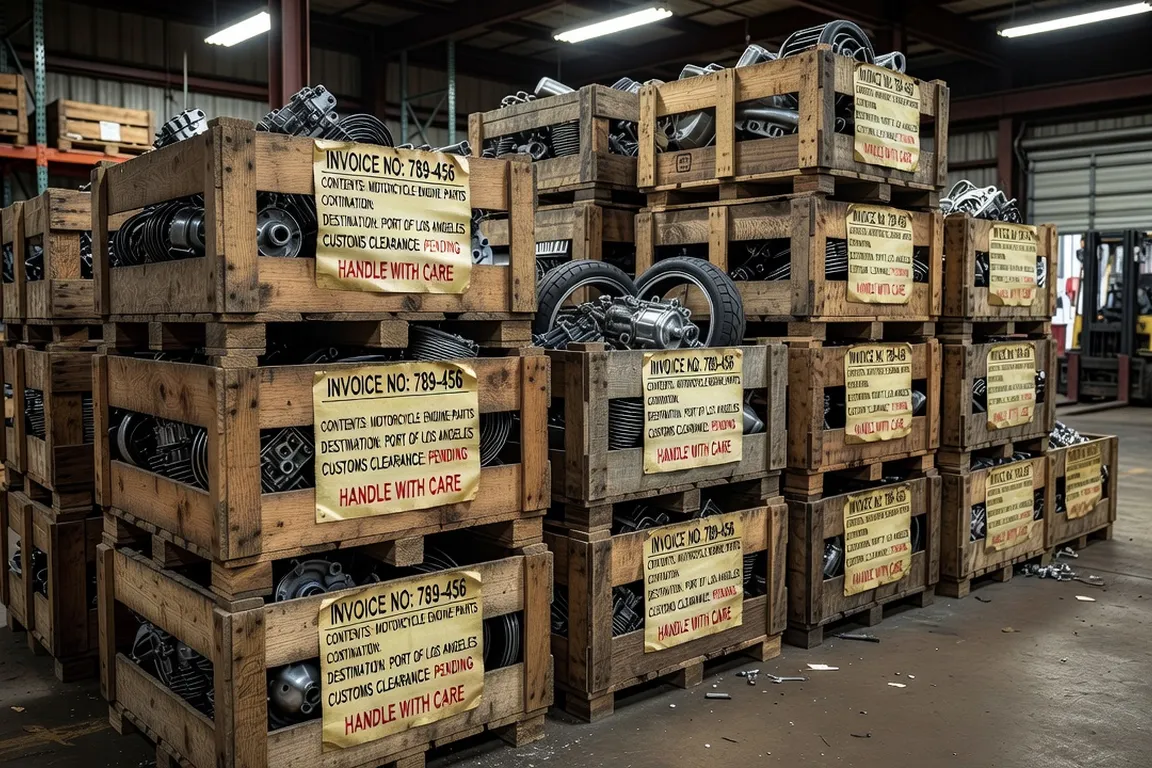 Wooden crates of motorcycle spare parts with shipping labels in a customs warehouse