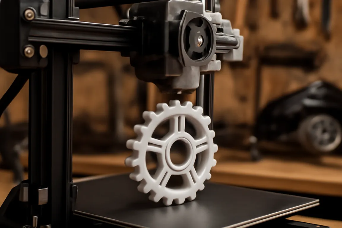 A 3D printer producing a small motorcycle spare part in a workshop