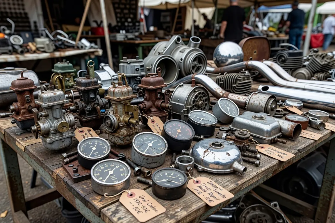 A flea market table covered with vintage Ural and Dnepr spare parts, carburettors and gauges
