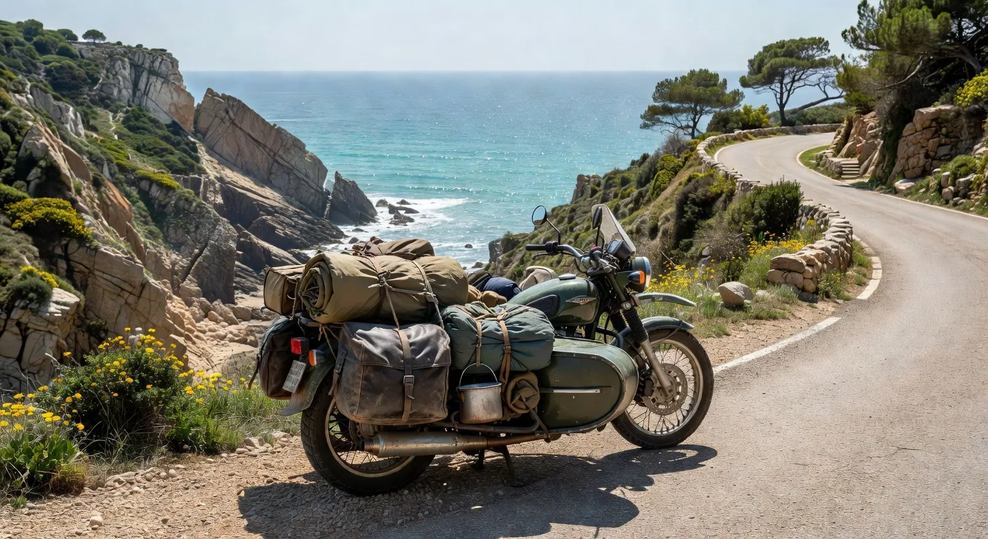 Ural Tourist chargée pour le voyage — bagages arrière, carte dépliée sur la caisse sidecar