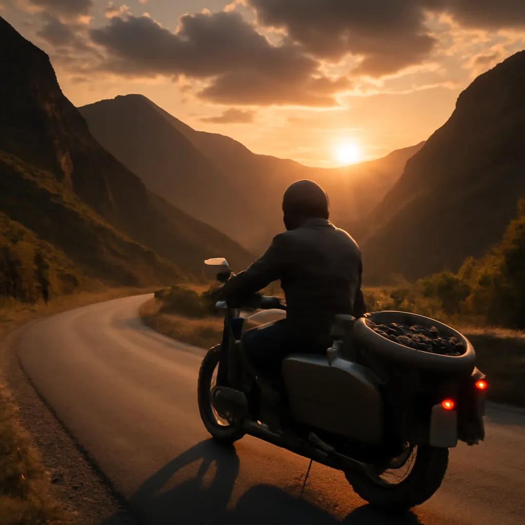 Sidecar Ural Tourist sur une route de montagne des Balkans au coucher du soleil — Monténégro