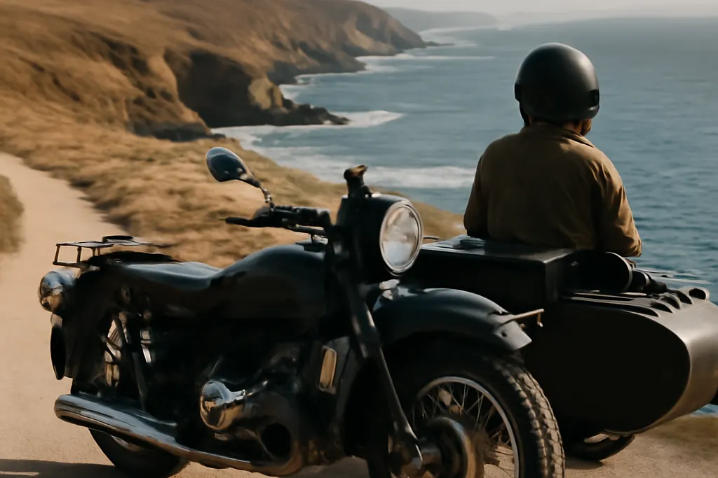Vue depuis un sidecar Ural sur la côte bretonne