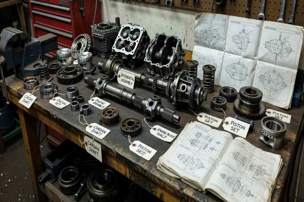 Pièces mécaniques Ural sur établi de mécanicien