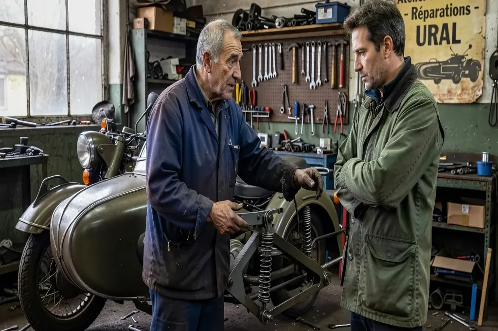 Mécanicien expliquant le mécanisme d'attelage sidecar Ural