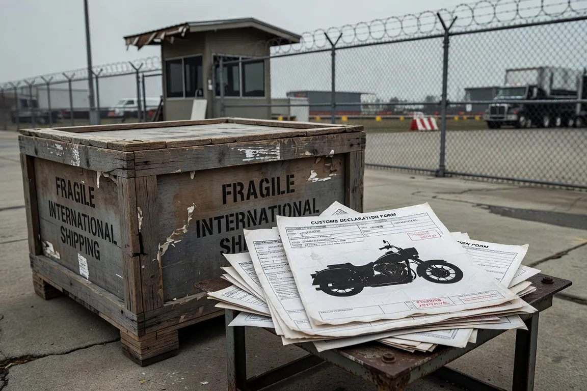 Customs paperwork and a shipping crate with a motorcycle silhouette at a European border crossing