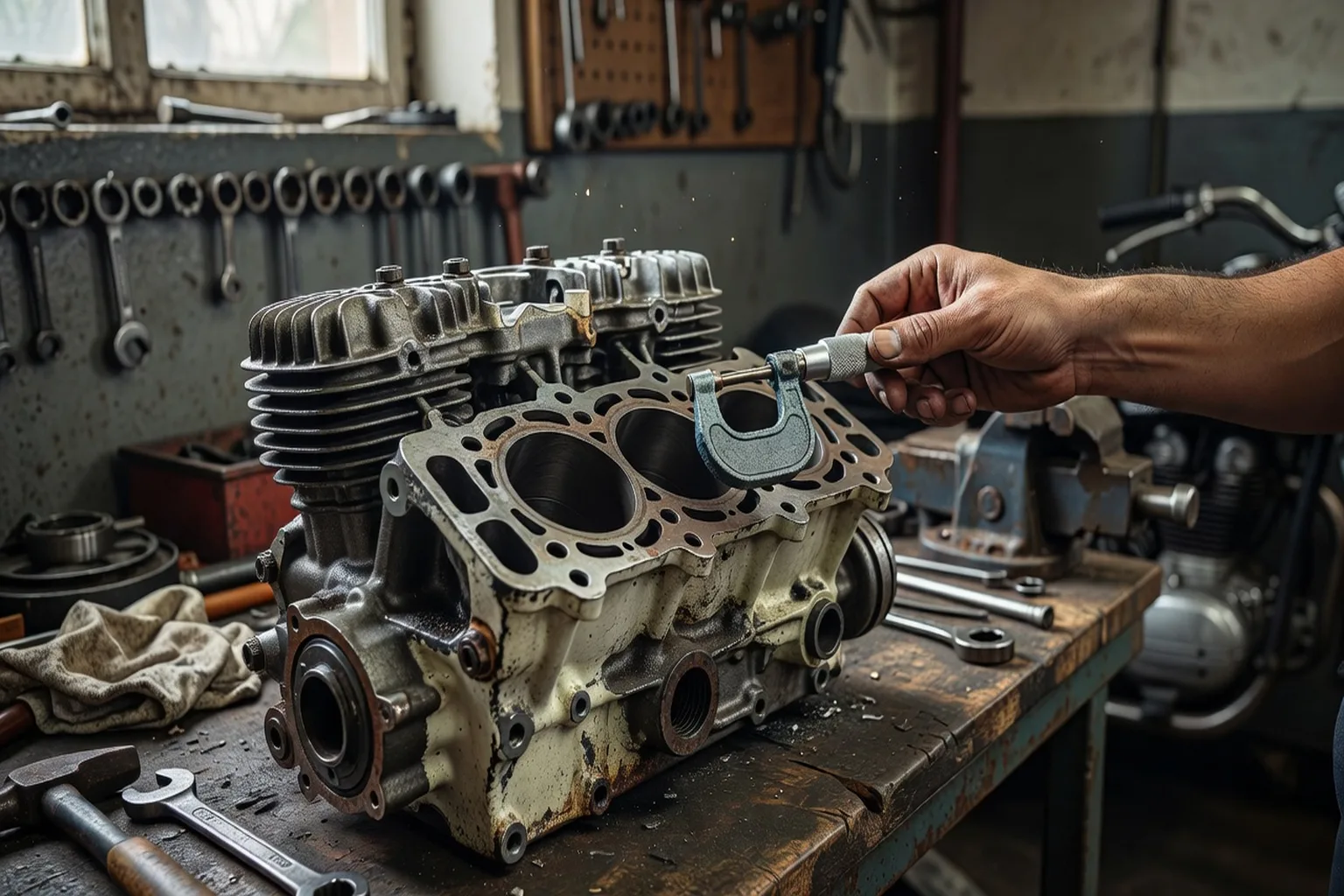 Bloc moteur flat-twin Ural démonté sur établi, culasses séparées