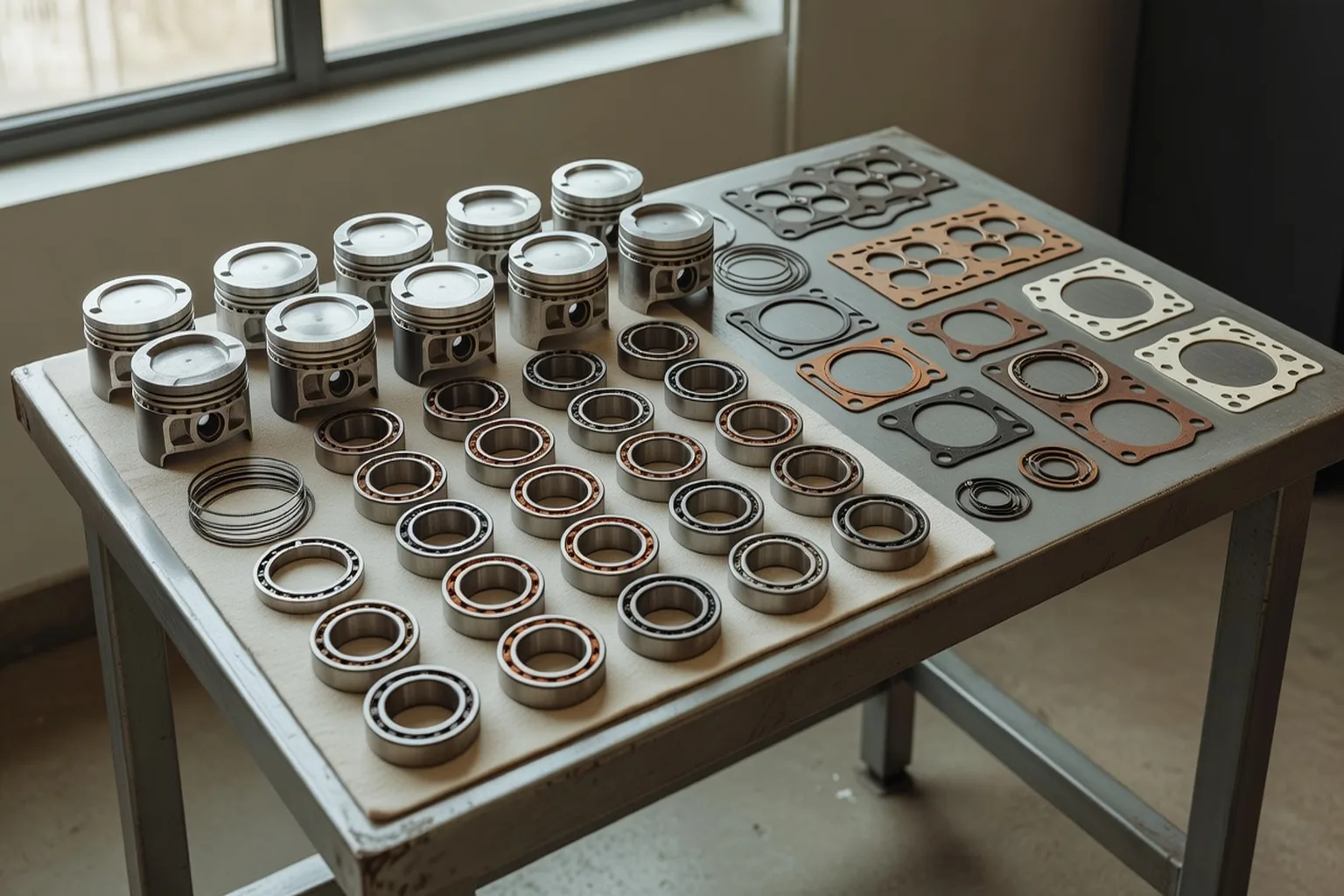 Jeu de pièces de rechange moteur Ural : pistons, segments, paliers et joints organisés sur établi