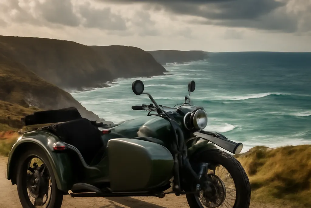 Ural sidecar view on the Brittany coast
