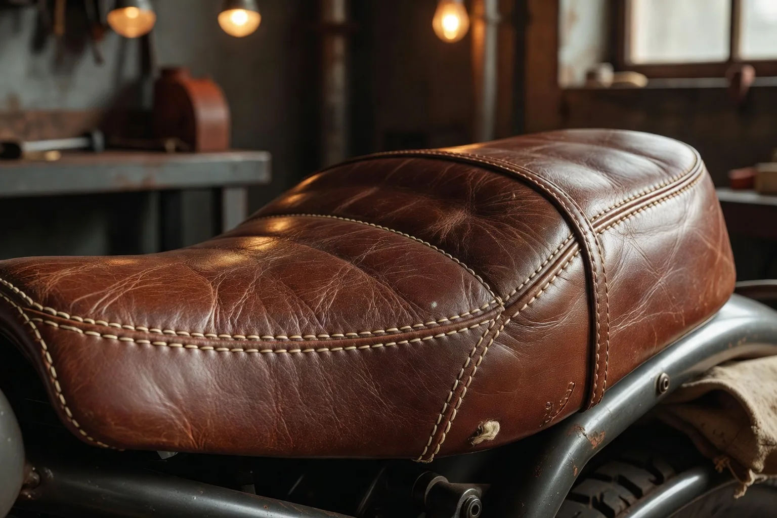 Craftsman hand-stitching a leather sidecar seat cover on a workbench