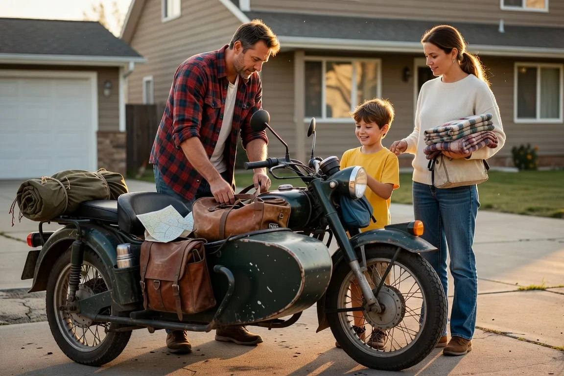 Famille en pause pique-nique près d'un sidecar Ural garé sur une aire de repos en France