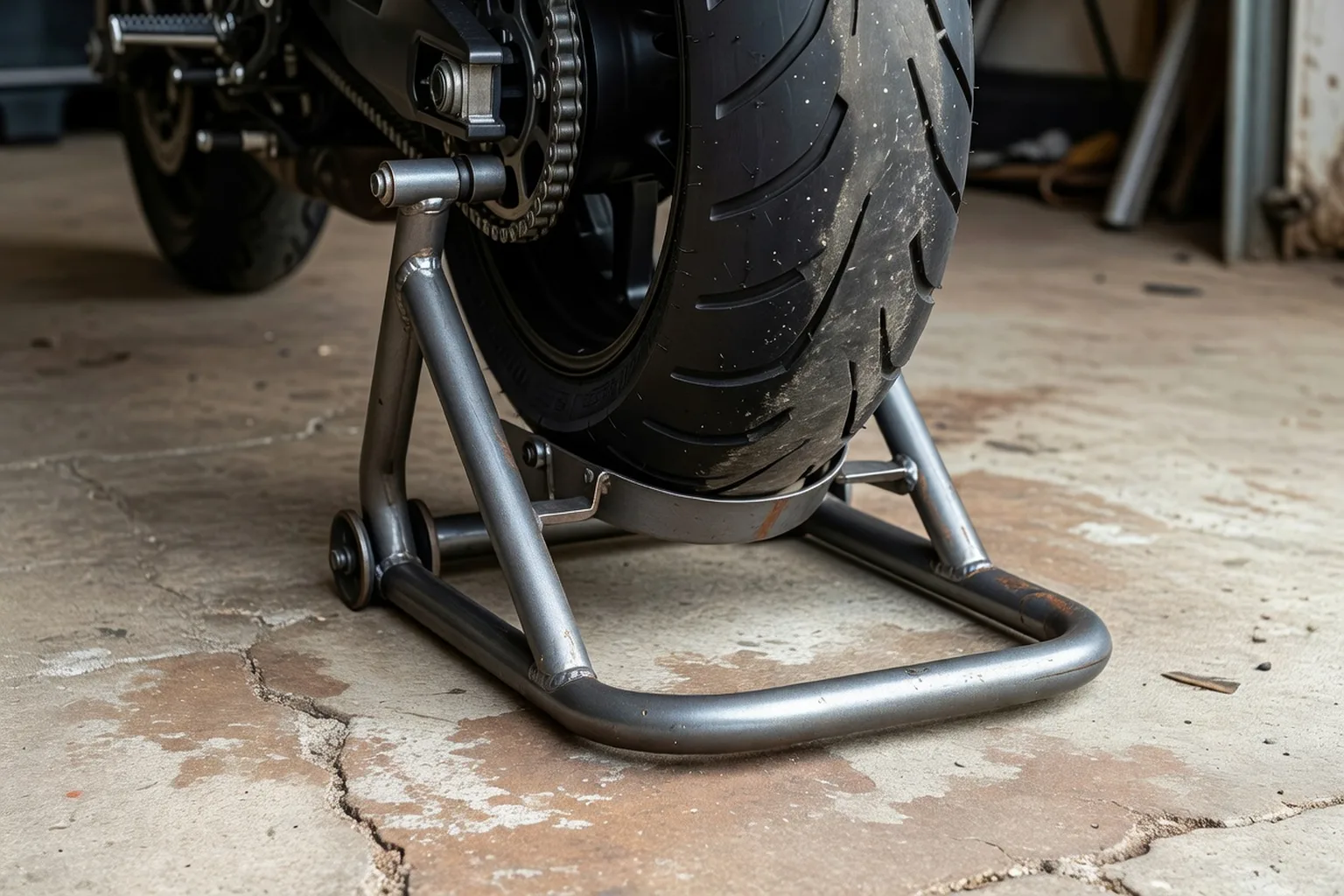 Pneu de moto sur cale anti-méplat dans un garage, protection stockage longue durée