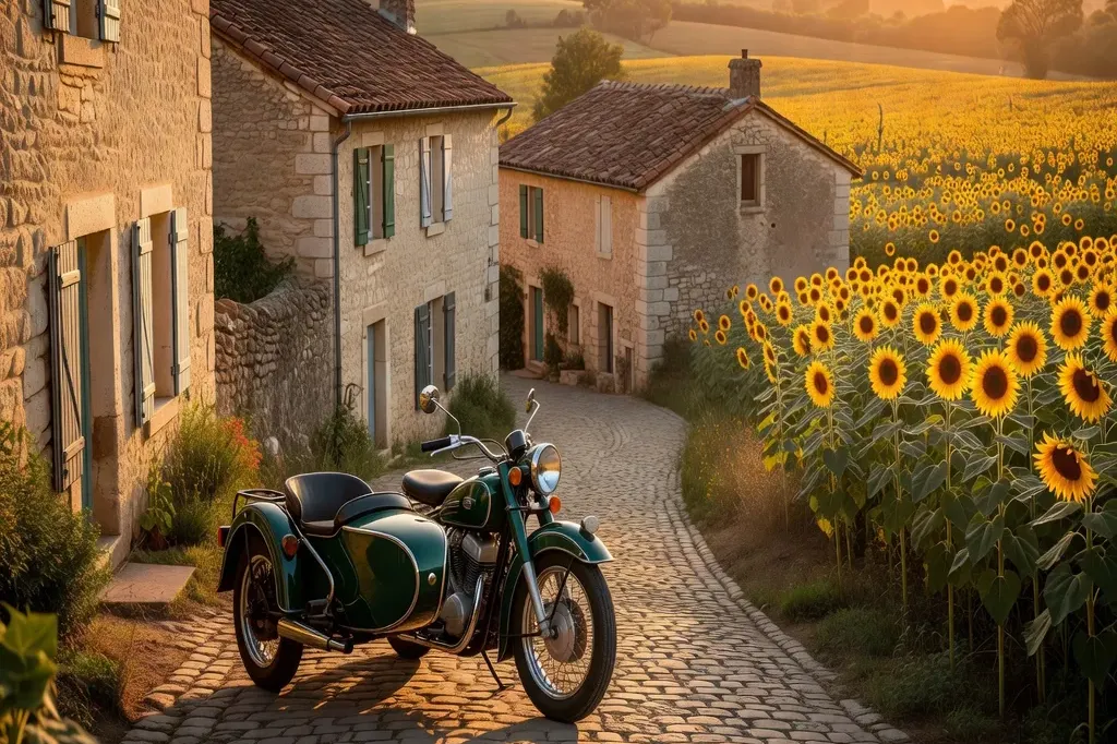 Ural sidecar dans un village médiéval français sur la route des 15 étapes