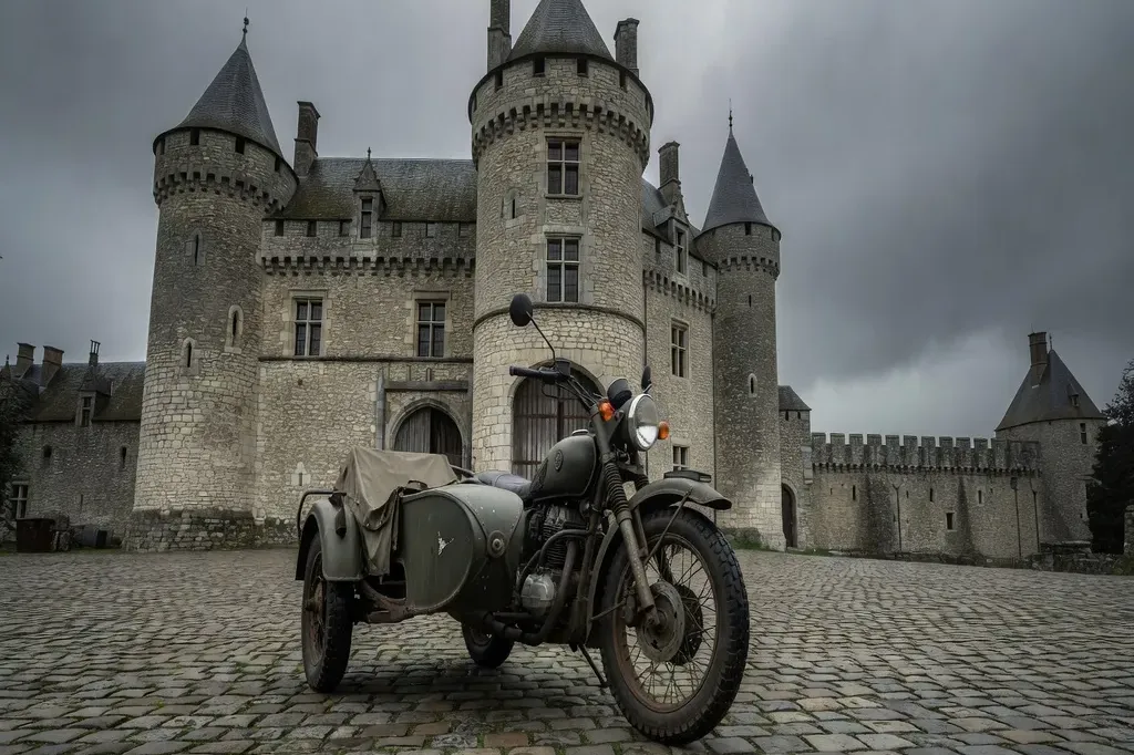 Ural sidecar devant un château fort de la Loire lors du road trip France