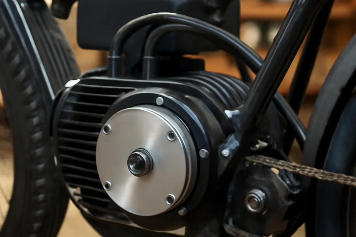 Kit de conversion moteur électrique installé sur un châssis de moto vintage, atelier de rétrofit