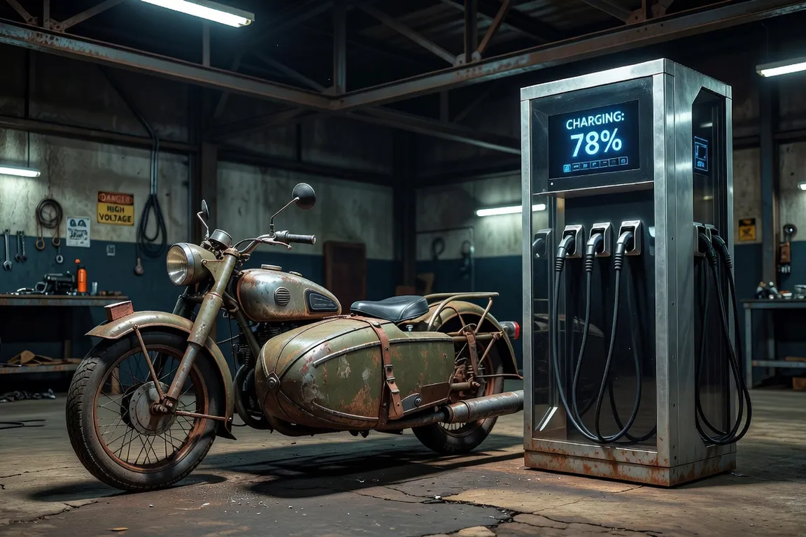 Station de recharge électrique à côté d'un sidecar Ural garé, contraste ton bleu froid et rouille