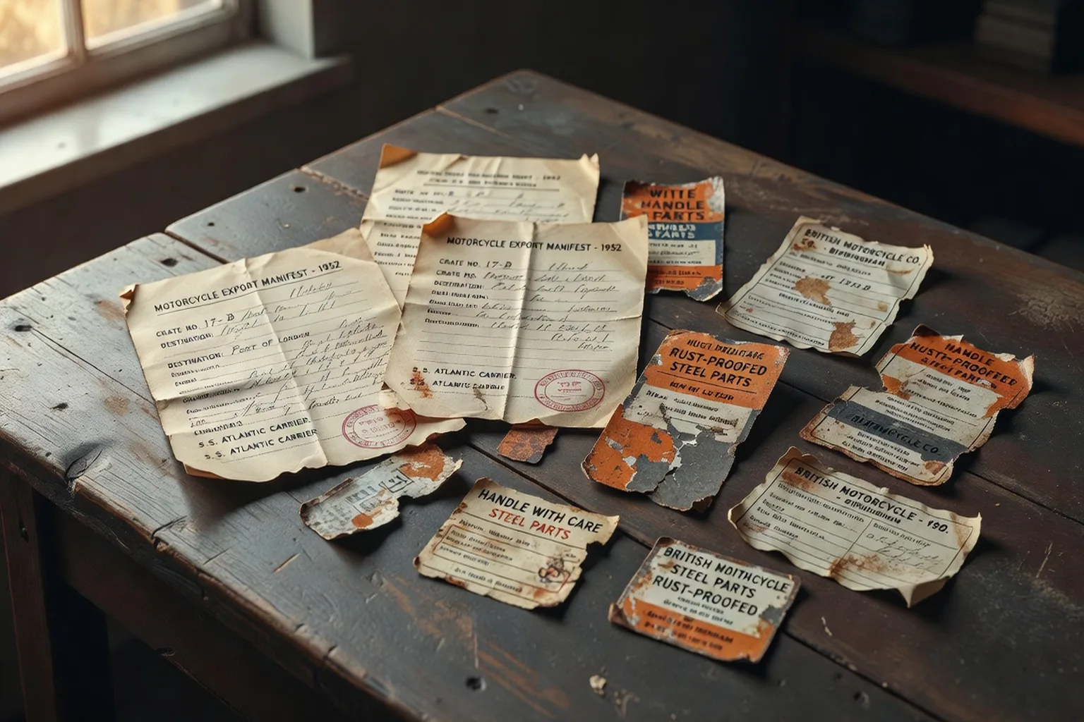 Documents d'exportation motocycliste anciens et étiquettes de caisses d'expédition sur table en bois