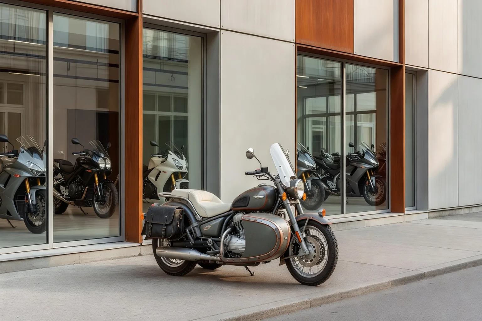 Vintage Ural sidecar motorcycle displayed alongside historical export-era documentation