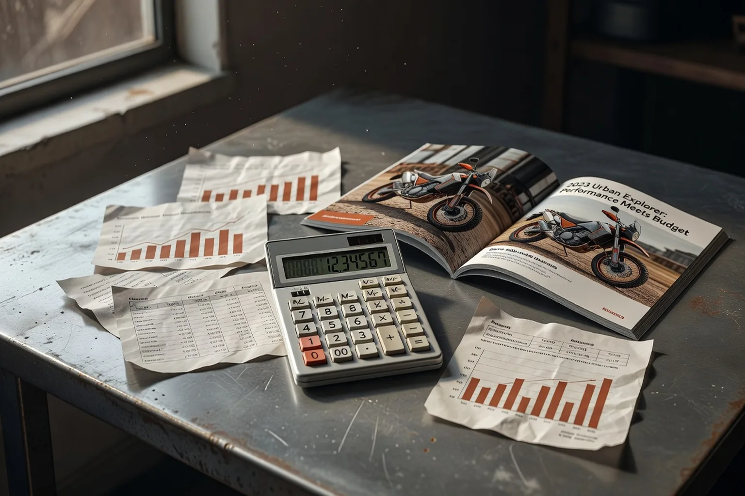 Calculator, financial documents and a motorcycle brochure on a desk