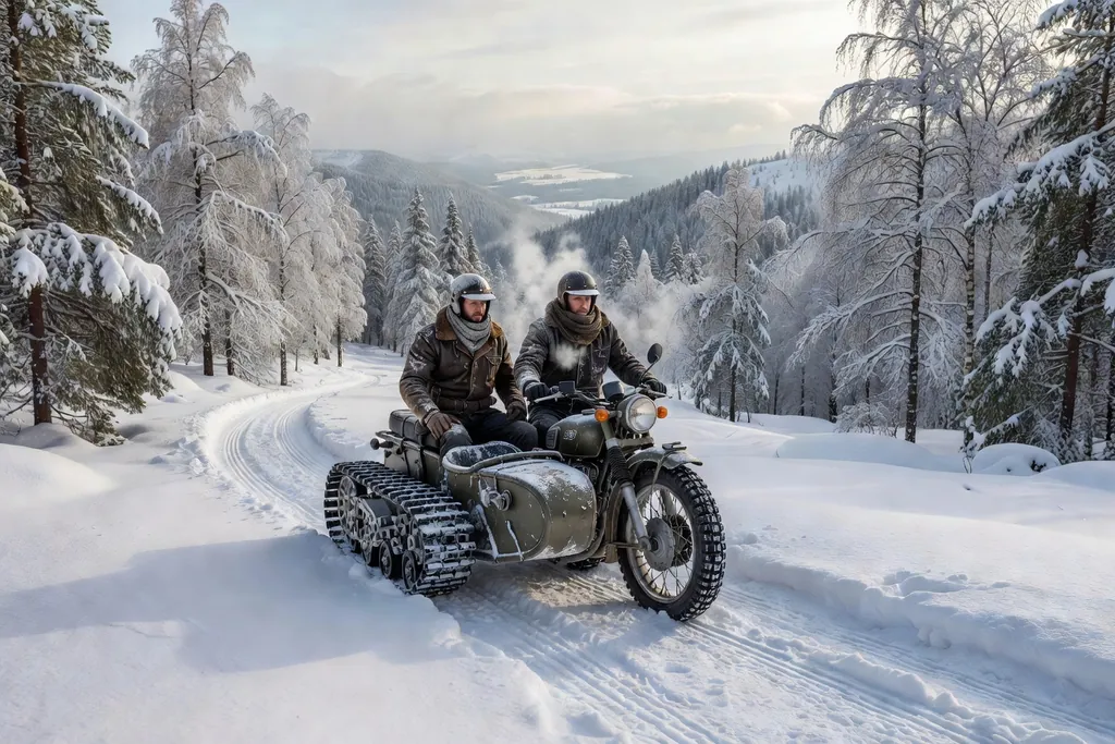 Ural Gear Up en conditions enneigées avec la roue du sidecar visible