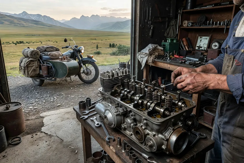 Engine oil change in progress on an Ural 750cc