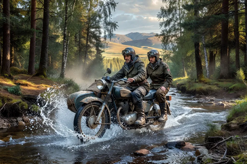 Ural Gear Up crossing a forest stream in 2WD mode
