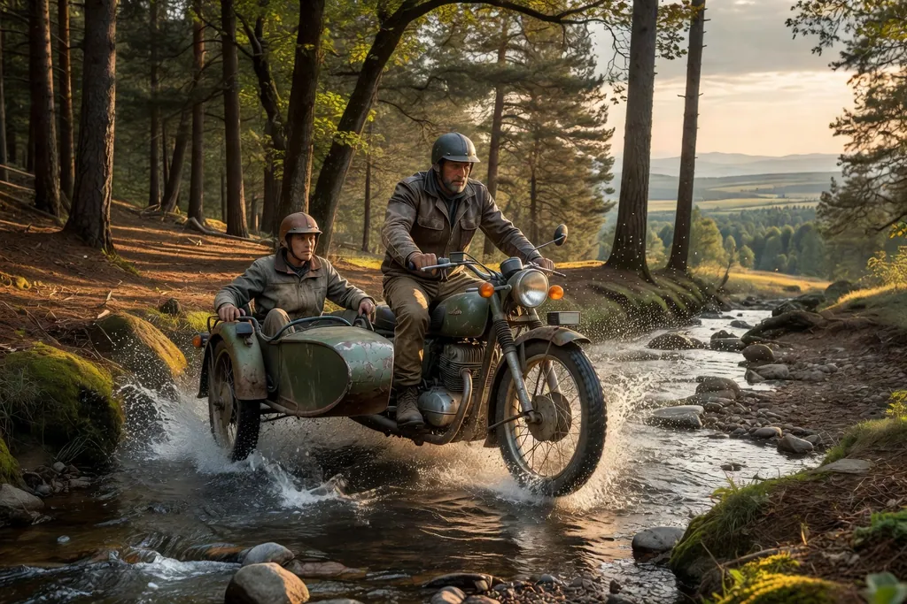 Ural Gear Up franchissant un gué forestier en 2WD