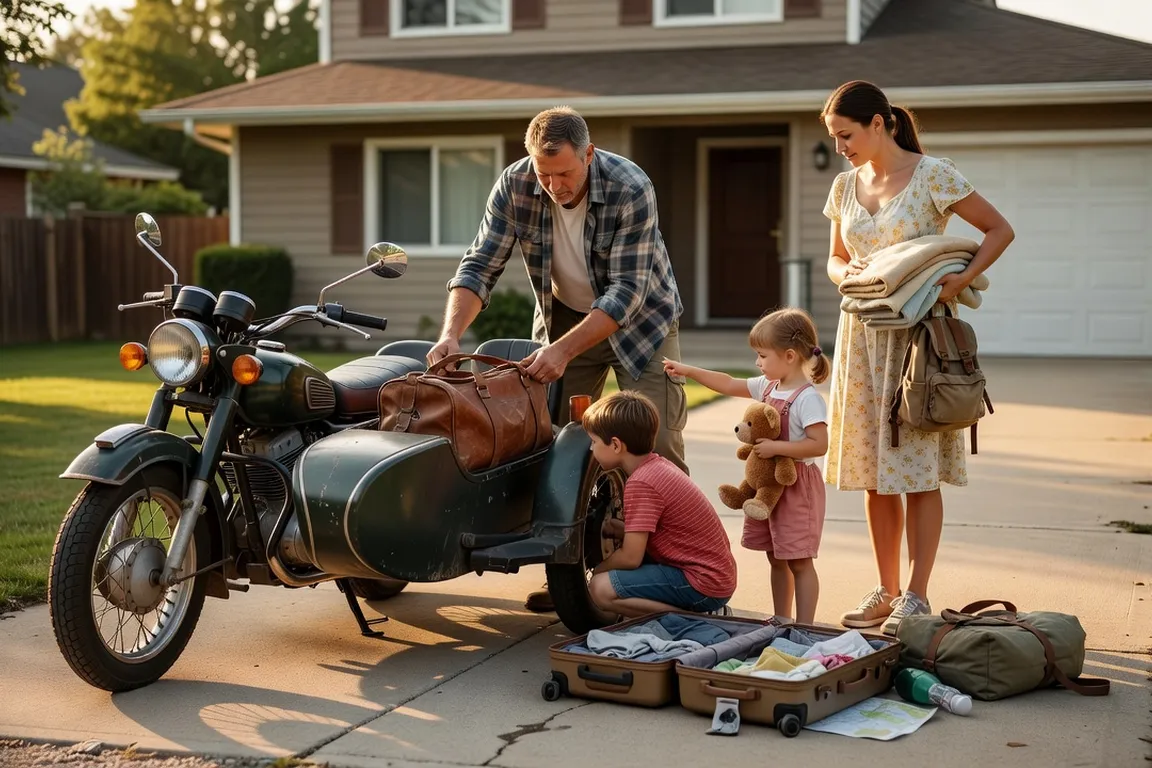 Family packing luggage into an Ural sidecar in a driveway before a road trip, warm afternoon light