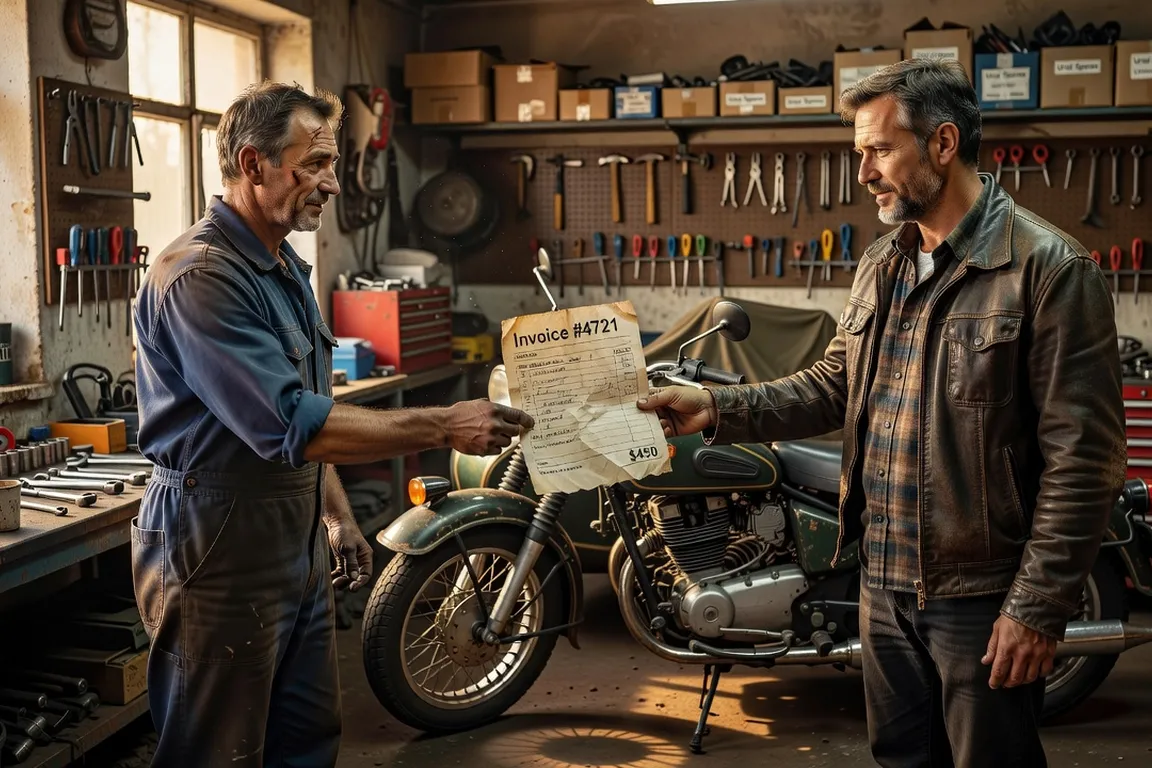 A mechanic handing over an invoice to an Ural owner in a repair shop