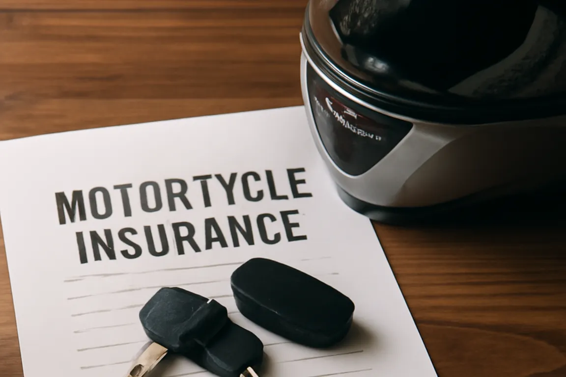 Motorcycle insurance documents and keys on a wooden table next to a helmet
