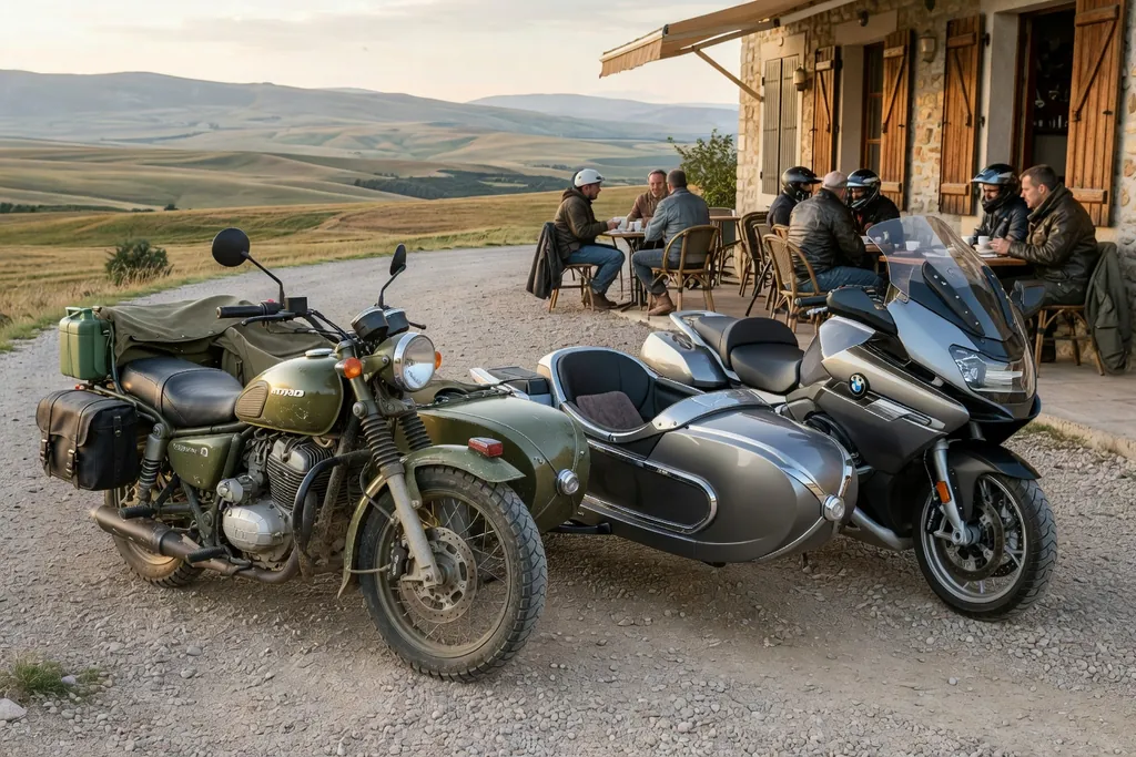 Ural Gear Up 2026 et BMW R 1250 RT avec sidecar Beiwagen côte à côte