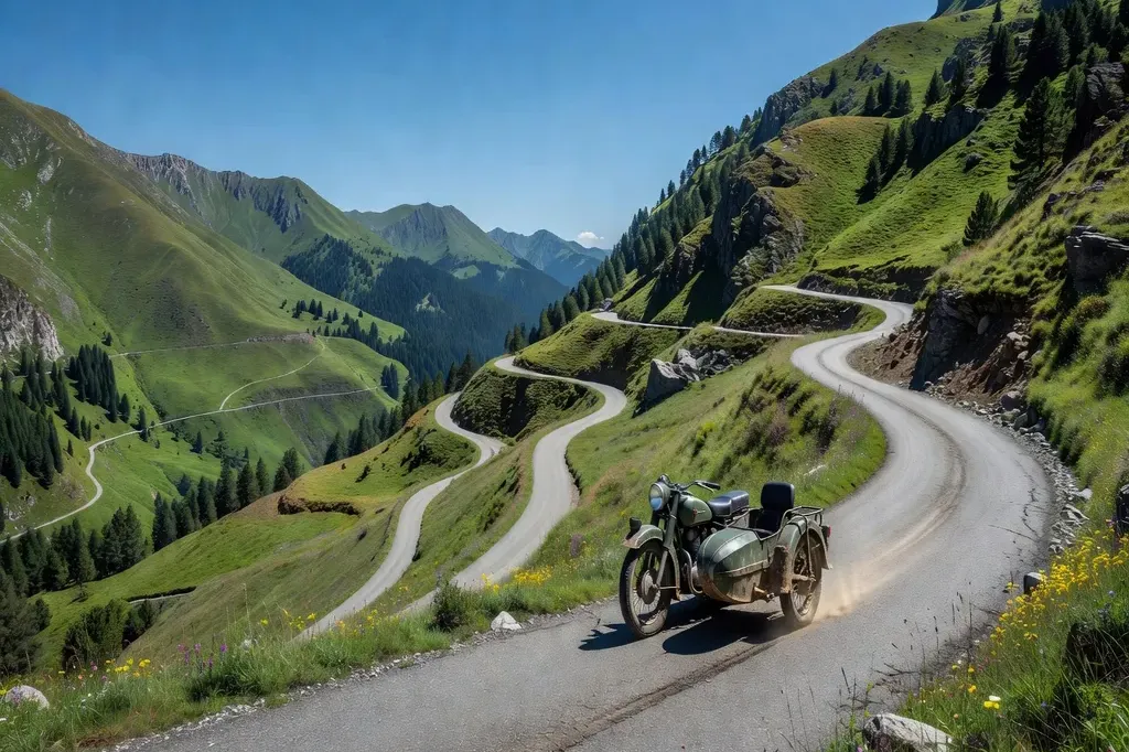 Ural sidecar en montée dans les Pyrénées, route sinueuse, vallée verte en arrière-plan