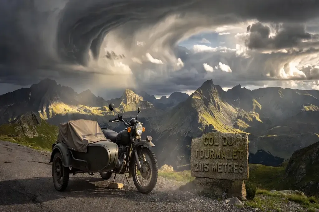 Ural sidecar au Col du Tourmalet, panneau d'altitude, nuages dramatiques, ambiance aventure