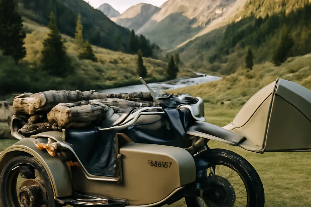Bivouac au bord d'un ruisseau avec l'Ural chargée pour un voyage